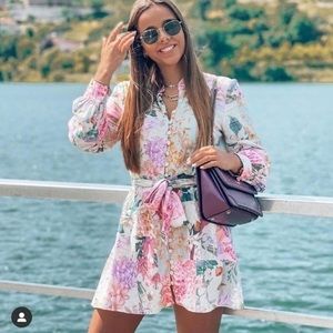 ZARA SHORT FLORAL LINEN BLEND SHIRT DRESS BELT